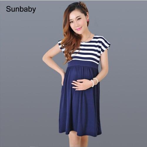 SUNbaby maternity dresses Short sleeve stripe splicing pure color stretch pregnant women breast feedin pregnancy dress Q0502