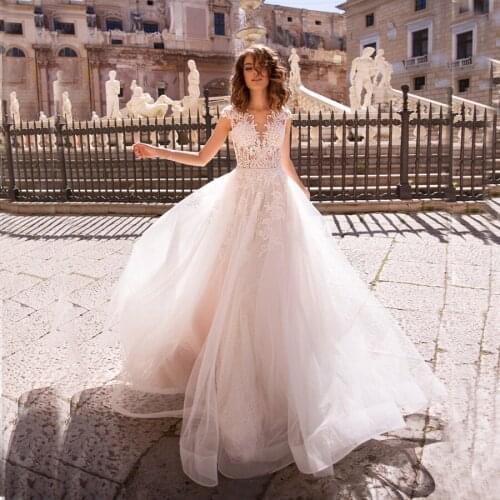 V-neck Applique Lace Beading Wedding Dress With Cap Sleeves Sashes Tulle A-line Bridal Gowns