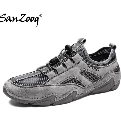 Summer Men Casual Fashion Breathable Leather + Mesh Shoes 2021 New Brand Flat Driving Big Size 47 48