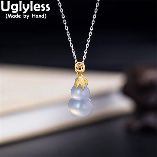 Uglyless Natural Chalcedony Gourd Pendants Necklaces for Women GOOD LUCK China Chic Gifts Jewelry 925 Silver Necklaces + Chains