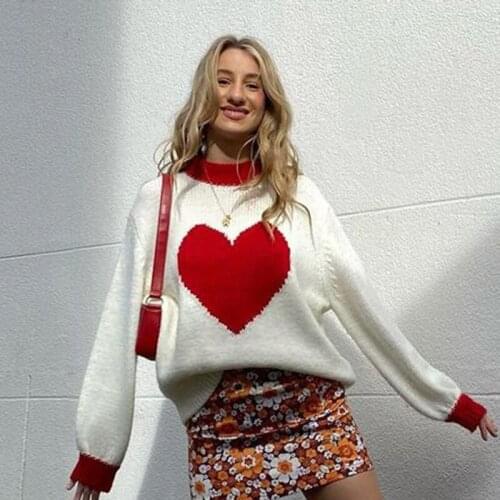 Heart-shaped Red Love Knitted Turtleneck Fashion Sweater Women Winter Tops 2021 New Streetwear Loose Elegant Lady Korean Fashion