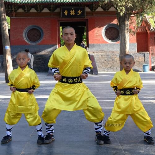 Yellow Satin Shaolin Monk Uniform Martial arts Robe Wushu Tai chi Clothing Kung fu Clothes