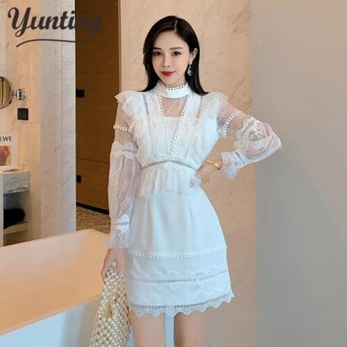 Sping Autumn Women Hollow Out Lace Dress Office Lady Solid Sashes Mujer Casual Long Sleeve Beach Party Vestidos