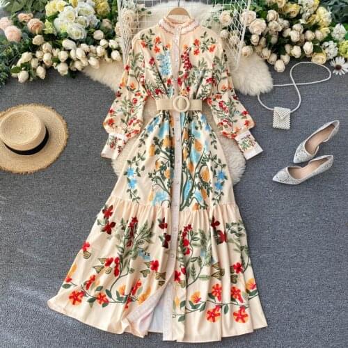 Women Vintage Print Dress Autumn Stand Collar Button Puff Sleeve Long Robe Fashion Chic Flower Streetwear Maxi Dresses