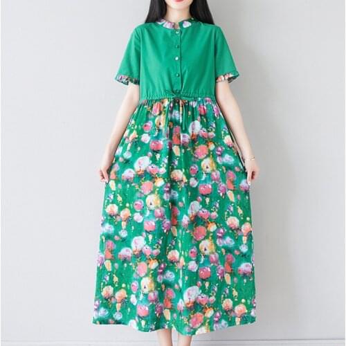 Uego Patchwork Print Floral Button Fashion Blouse Dress Cotton Linen Short Sleeve Loose Summer Dress Women Holiday Casual Dress