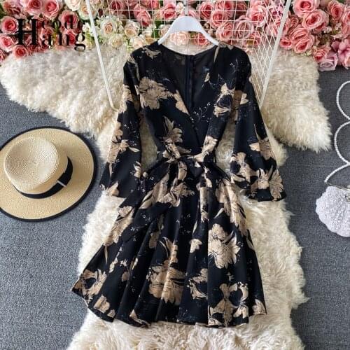 HangCode Special Flare Sleeve Flower Print Black Dress Women 2021 Spring Summer High Waist Sash Bandage Chiffon Dress Lady Tunic