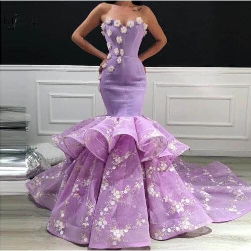 Fashion 3D Flower Mermaid Lace Evening Dresses 2019 Lace Ruffles Long Prom Gowns Party Dresses Robe De Soiree