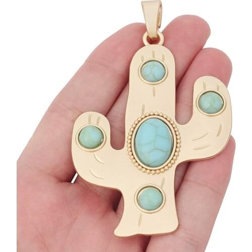 1 x High Quality Matte Gold Large Cactus & Faux Turquoise Stone Charms Pendants for Necklace Jewelry Making 90x56mm
