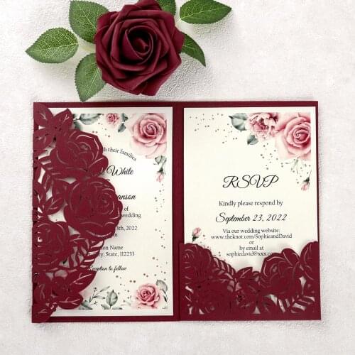 100pcs Burgundy Wedding Invitation Customized Printed Cards with Laser Cut Wedding Invitation Pocket