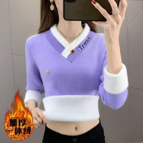 2021 Winter Thicken V-Neck Slim Sweaters Women Letter Printted Knitted Warm Pullover Casual Elastic Candy Color Korean Tops