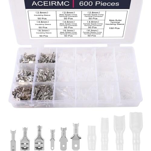 600Pcs 2.8/4.8/6.3mm Male Female Spade Connectors Wire Crimp Terminal Block with Insulating Sleeve Assortment Kit