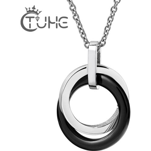 Black White Double Circle Ceramic Necklace Pendant With Stainless Steel Classic Simple Style Pendant Jewelry For Female