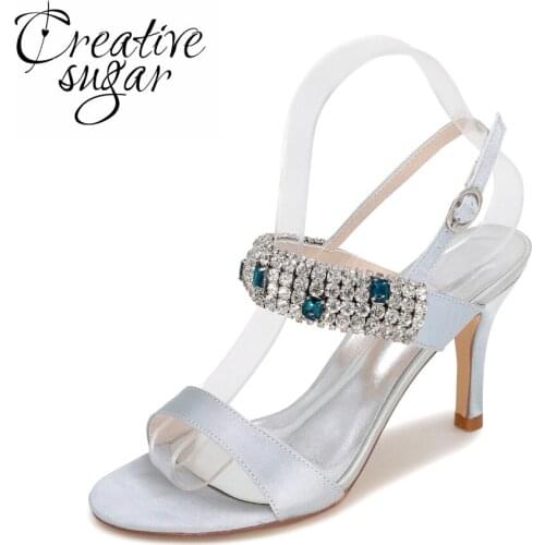 Creativesugar Sparkle crystal high heel sandals summer satin evening party cocktail dress shoes prom wedding silver grey purple