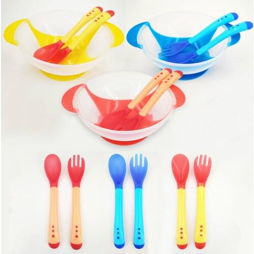 Baby Bowl Temperature Sensing Feeding Spoon Child Tableware Food Bowl Learning Dishes Service Plate/Tray Suction Dinnerware Set