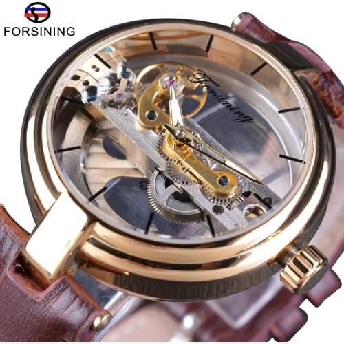 Forsining Brown Leather Belt Golden Bezel Transparent Case Steampunk Double Sided Hollow Men Automatic Watches Top Brand Luxury