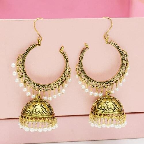 Indian Jewelry Simulated Pearl Tassel Boho Gypsy Antique Ethnic Gold Big Geometric Round Dangle Earrings For Women Party Gift