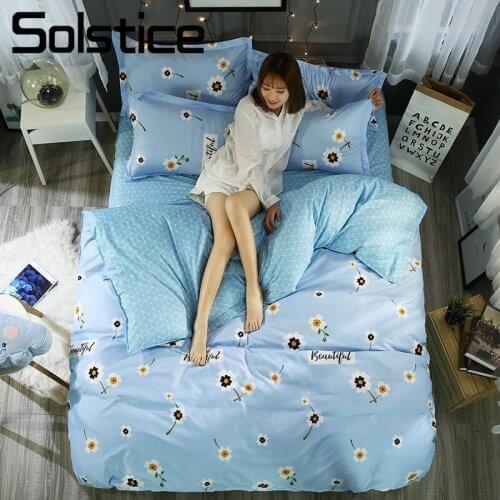 Solstice Home Textile Sky Blue Bedding Set Floral Duvet Quilt Cover Pillowcases Flat Sheet Girl Kid Teenage Bed Linen Queen Twin