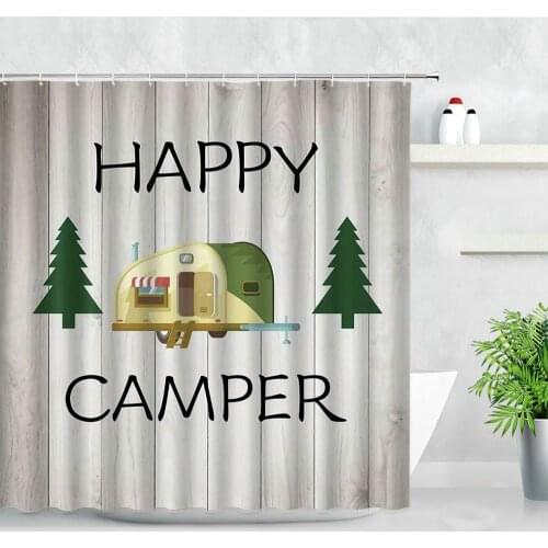 Creative Camper Shower Curtains Pine Touring Car Wood Board Backdrop Printing Waterproof Decor Screen Hooks Bathroom Curtain Set