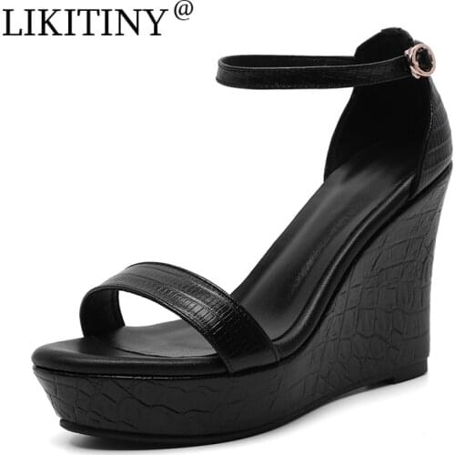 LIKITINY 2021 Summer high heels wedges platform Sandals Wowens shoes Buckle strap Open toe Genuine leather Casual sandals 33