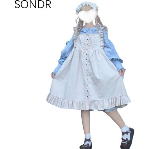 Cute Lolita Dress Women Japanese Soft Girl Vintage Ruffle Maid Princess Cosplay Long Sleeve Dress Kawaii Jsk Suspender Skirt New