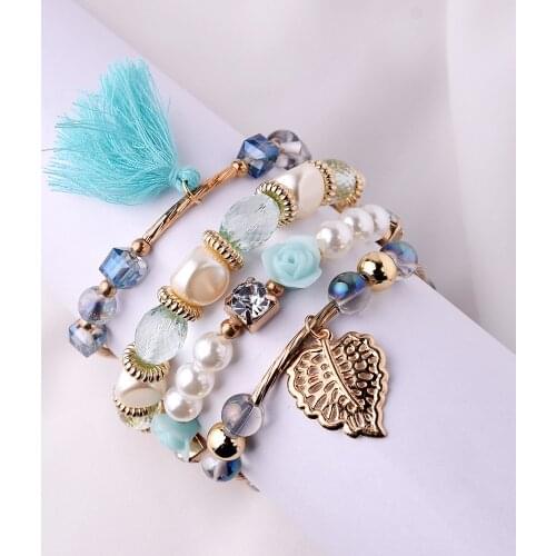 Multilayer Crystal Flower Leaf Tassel Bracelets for Women Bohemian Charm Bracelet Set Boho Jewerly AM3164