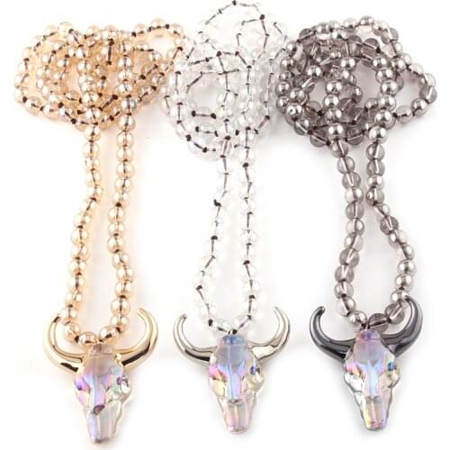Fashion Bohemian Jewelry 8mm GlassLong Knotted Crystal Horn Pendant Necklaces For Women Ethnic Necklace