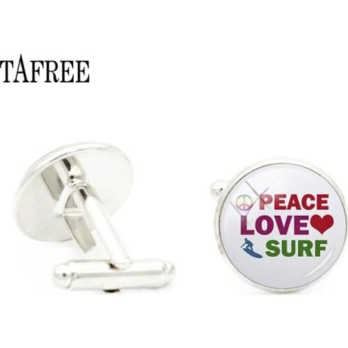 TAFREE Fashion Handmade Cufflinks Mens Peace Love Surf Steampunk Cufflink Glass Cabochon High Quality Cuff Links Jewelry SF38
