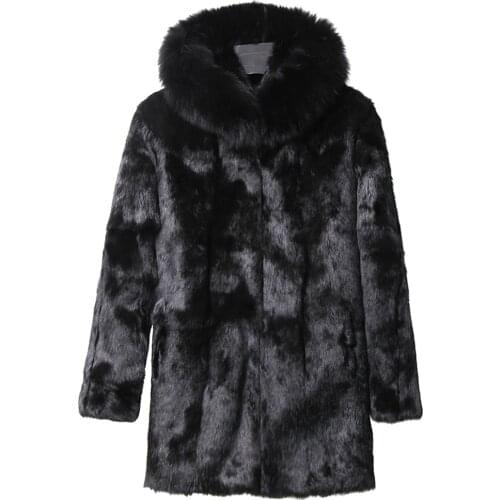 Vintage Natural Fur Parka Hooded Real Rabbit Fur Coat with Big Genuine Fox Fur Long Coat Big Size Winter Coat wsr652