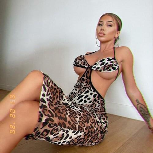 BKLD Halter Lace-up Sexy Hollow Out Backless Ruched Bodycon Midi Dress Summer Beach Fashion Printed Leopard V-neck Low Cut Dress