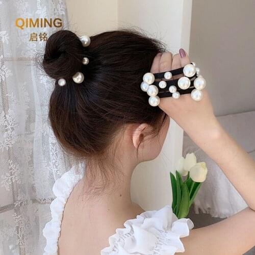 3Pcs Womens Artificial Pearl Black Elastic Rubber Band Hair Ropes Headbands - No Damage Hair - Seamless Pearl Towel Ring Hair