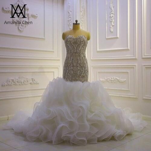 Robe blanche Crystal Beading Ruffles Mermaid Strapless Wedding Dress