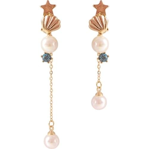 Romantic Asymmetric Gold Color Shell Earrings Blue Crystal Star Doule Simulated Pearl Drop Earrings For Women Girl Party Wedding