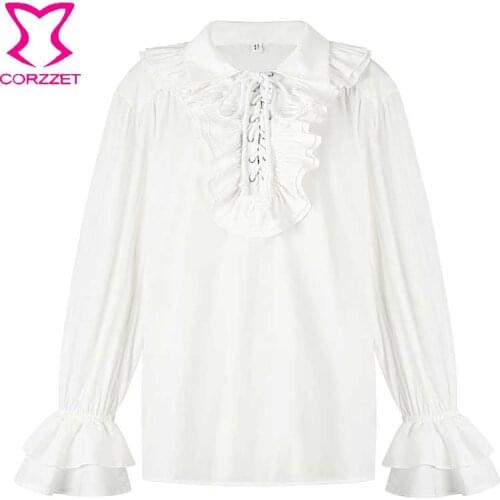 Medieval Cosplay Costumes Mens Shirt Steampunk Stand Collar Long Sleeves Bandage Blouse White Cotton Loose Casual Shirts Top