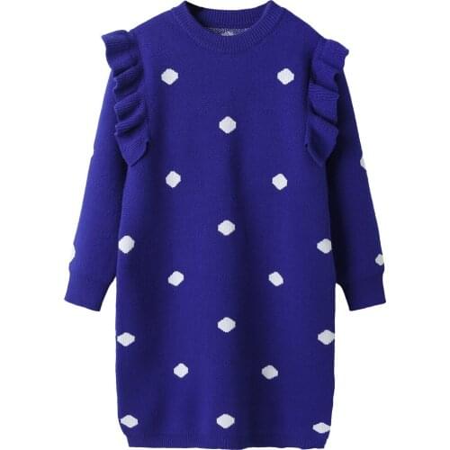 4Y To 14Y Kids and Teen Girls Knitting Dress Autumn 2020 New Korean Children Casual Clothes Cute Polka Dot Straight Dress, #9174