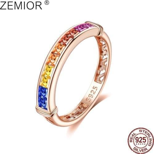 ZEMIOR Rainbow Zircon Multisize Ring For Women S925 Sterling Silver Engagement Wedding Band Rose Gold Charming Fine Jewelry