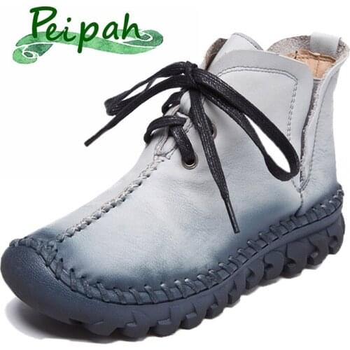 PEIPAH Handmade Retro Women Boots Genuine Leather Ankle Boots For Woman Casual Lace-up Cow Leather Shoes Women Autumn Boots