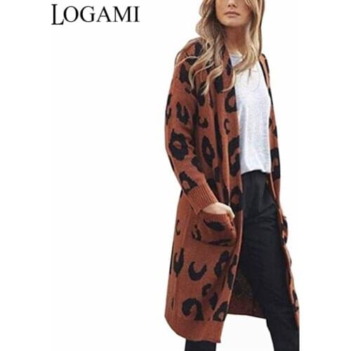 LOGAMI Knit Long Cardigan Women Long Sleeve Leopard Sweater Female Autumn Winter Casual Cardigans Coat