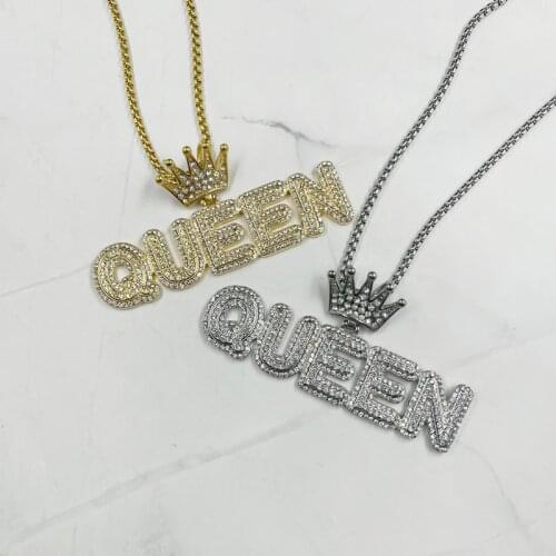 Female Letter Queen Pendant Necklaces with rhinestone Women Hip Hop Jewelry Statement Long Gold Silver color Ladies Gifts