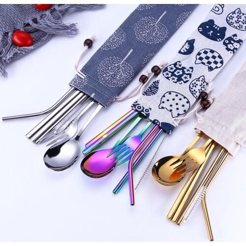7PCS Reusable Stainless Steel Tableware Set Portable Dinnerware Kit With Cloth Pack for Outdoor Camping Picnic Travel Office