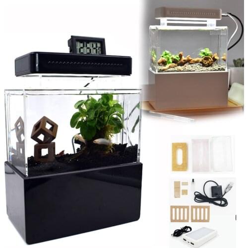 A,Mini Plastic Fish Tank Portable Desktop Aquaponic Aquarium Betta Fish Bowl with Water Filtration LED & Quiet Air Pump forDecor