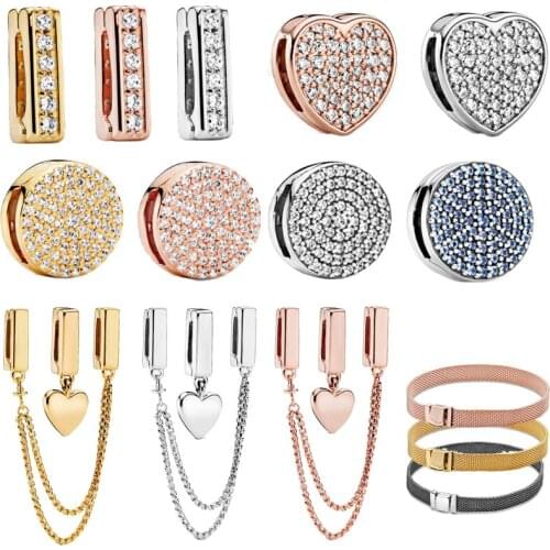 Women Jewelry 925 Sterling Silver Clip Charm Fit Original Pandora Bracelet Heart Flower Pink Beads Safety Chain DIY Fashion Gift