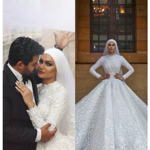 Classic Muslim Bride Dresses Embroidery Appliques Beadings High Neck Long Sleeves Ball Gown Bridal Special Occassion Gowns