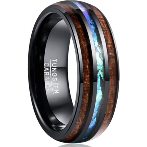 Boho 8mm Black Dome Inlaid Acacia Opal Mens Women Wedding Tungsten Steel Ring Promise Ring For Statement Anniversay Jewelry