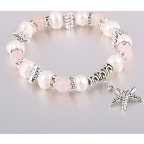Trendy Silver Plated Imitation Pearl with Lucky Star Bracelet for Women Rose Pink Quartz Ethnic Style Jewelry