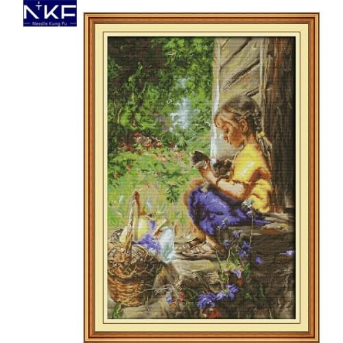 NKF Girl and Kitten Pattern DIY Kit Handmade Craft Needlework Cross Stitch Embroidery Printed Design Stitching Home Decor