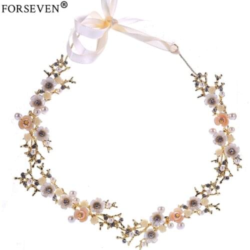 New Vintage Gold Flower Crystal Pearl Headband Wedding Headpieces Hair Jewelry Handmade Women tiara Bride Hair Accessories FD564