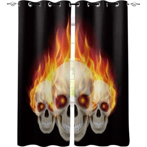 White Skull Red Flame Window Curtains LivingRoom Kitchen Curtains Left and Right Biparting Open