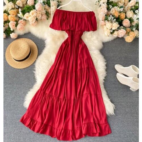 Spring summer womens elastic slash neck dress female summer short sleeve medium long traval beach dress TB211