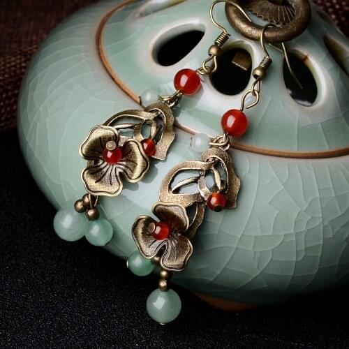 Hollow out flowers vintage copper earrings, New Original handmade Aventurine dangle earrings ,New nature stones ethnic earrings