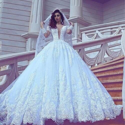 Luxury Deep V Neek Ball Gown Wedding Dresses 2020 Custom Made Lace Appliques Bridal Gowns Long Sleeves Marriage Bride Dress